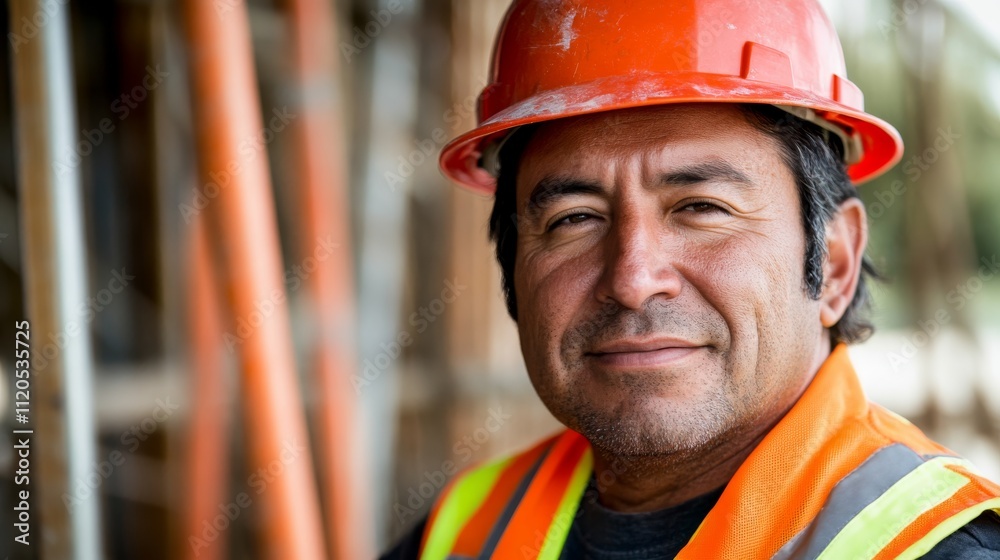 A construction worker wearing a bright orange hard hat and reflective vest smiles confidently against a backdrop of blurry scaffolding A construction worker wearing a bright orange hard hat and reflective vest smiles confidently against a backdrop of blurry scaffolding