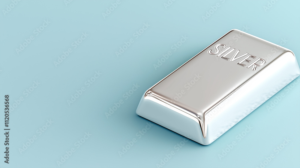 Silver bullion bar engraved with the word 'Silver' on a blue background with empty space, a banner for metal production and investment themes Silver bullion bar engraved with the word 'Silver' on a blue background with empty space, a banner for metal production and investment themes