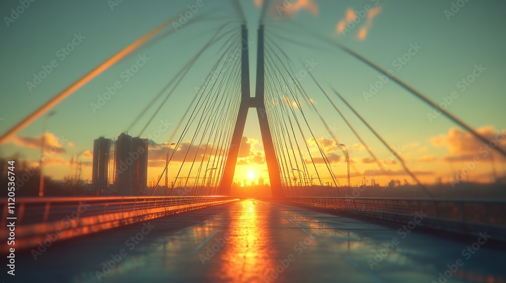 Obraz premium Sunset view from cable-stayed bridge.