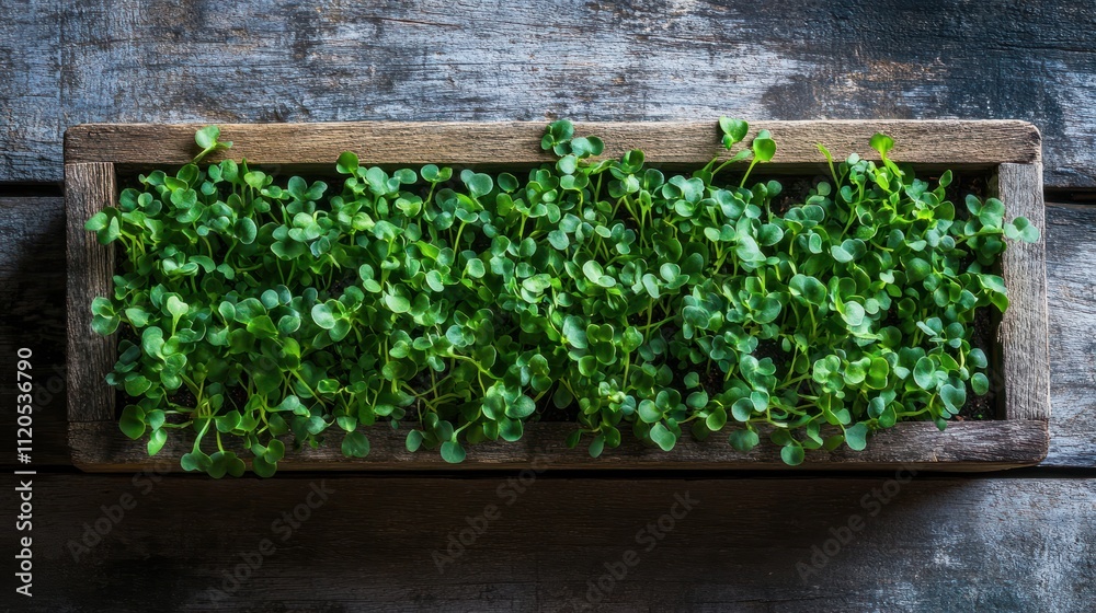 Fototapeta premium Healthy microgreens in rustic wooden planter for urban gardening