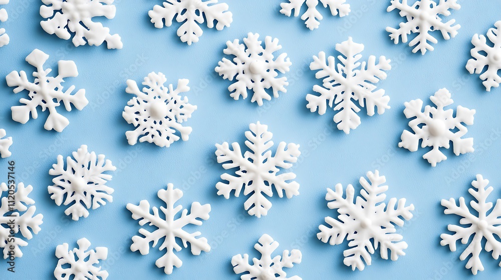White snowflakes on a plain background, either white or blue, highlighting their unique patterns in a seamless design. White snowflakes on a plain background, either white or blue, highlighting their unique patterns in a seamless design.