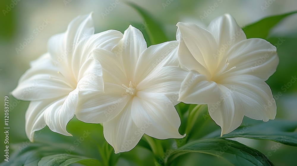 Fototapeta premium Three delicate white flowers with green leaves.