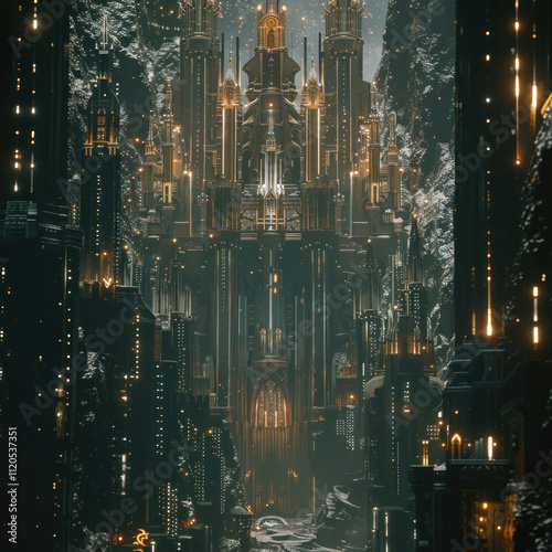 A castle set in a dystopian sci-fi world, blending dark tones and sleek metallic architecture