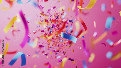 Close-up of a party popper exploding, with colorful streamers flying out.