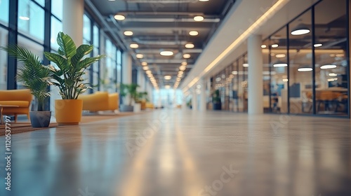 Modern office hallway with plants, yellow sofas, and glass walls.