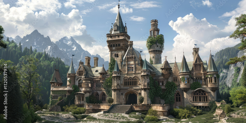 Obraz premium A castle with unique architectural features blending medieval and Renaissance styles