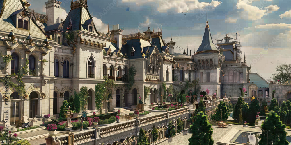 Fototapeta premium A castle with unique architectural features blending medieval and Renaissance styles