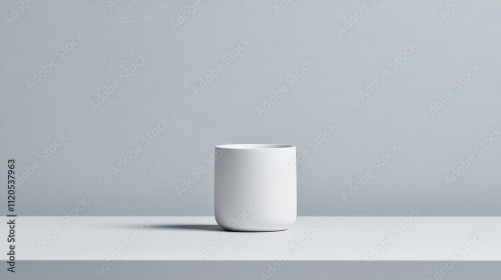 A single white ceramic cup sits on a smooth white surface, casting soft shadows against a pale gray wall, enhancing the minimalist aesthetic and simplicity A single white ceramic cup sits on a smooth white surface, casting soft shadows against a pale gray wall, enhancing the minimalist aesthetic and simplicity