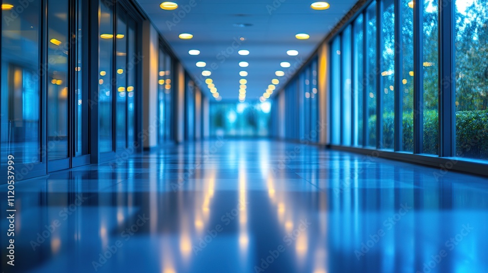 Modern building interior hallway with glass walls, reflecting lights on shiny floor. Modern building interior hallway with glass walls, reflecting lights on shiny floor.