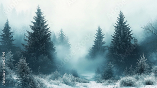 Christmas trees in the forest in the fog in a blizzard