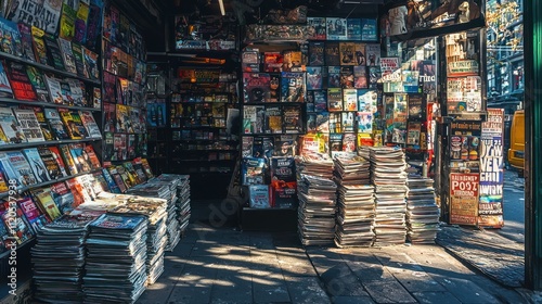 A vibrant newsstand filled with magazines and newspapers.