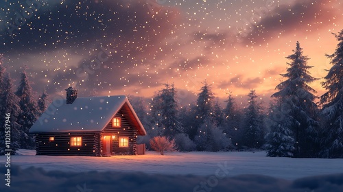 Winter cabin bathed in warm light, set against a snowy landscape for a cozy holiday scene.