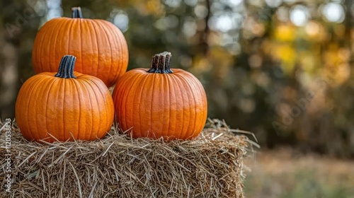 Three pumpkins on a hay bale.