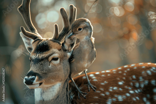 A close-up of a bird and a deer in harmony, with the bird resting softly on the deer's head, exuding warmth and calm photo