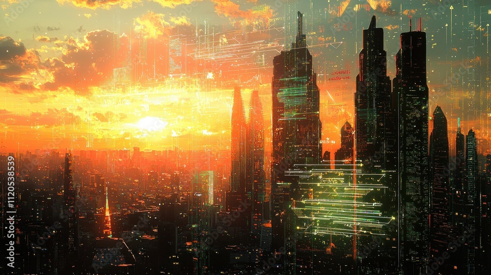 Futuristic cityscape at sunset with digital overlays. Futuristic cityscape at sunset with digital overlays.