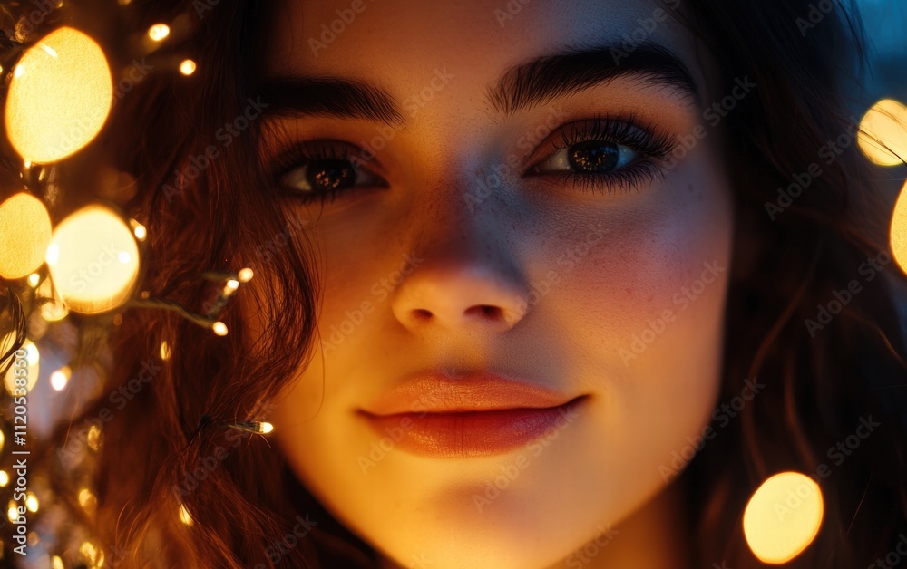 Close-up of a young womanâ???s face with a serene expression, surrounded by soft fairy lights and holiday decorations, glowing in warm tones