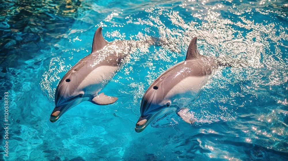Fototapeta premium Two dolphins swim in perfect harmony beneath the shimmering surface of a vibrant turquoise sea. Their playful nature shines through as they navigate the inviting aquatic landscape