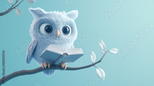 Fluffy Owl Reading Book on Branch photo