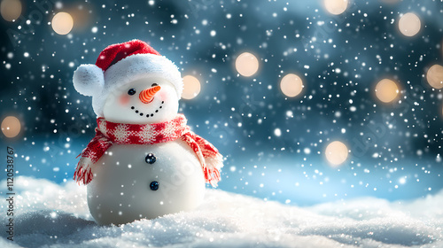 Adorable Laughing Snowman on a Snowy Snowscape, Dressed in Wool Hat and Scarf, Bathed in Sunlight and Bokeh Glow