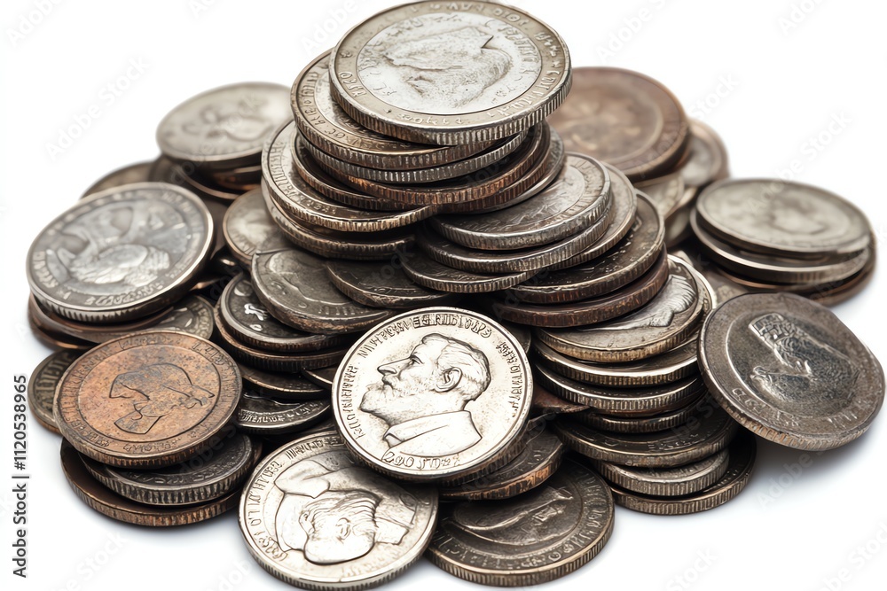 A Pile of Coins Stacked High Against a White Background A Pile of Coins Stacked High Against a White Background