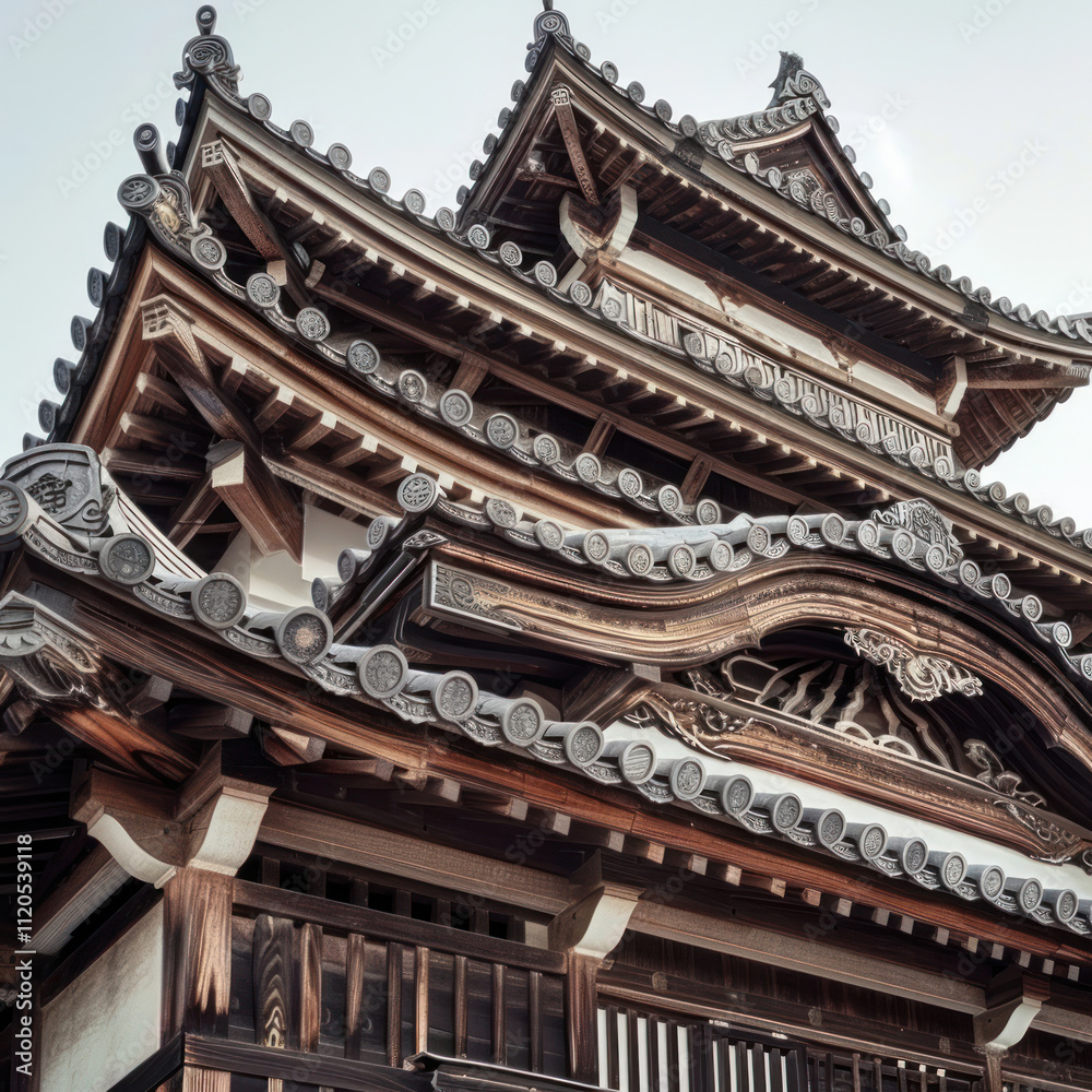 A close-up of the intricate details of a Japanese castle's wooden architecture A close-up of the intricate details of a Japanese castle's wooden architecture