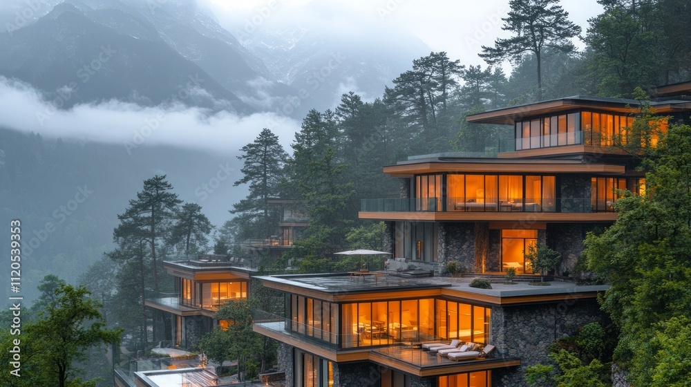 Modern mountainside homes with illuminated windows at dusk. Modern mountainside homes with illuminated windows at dusk.