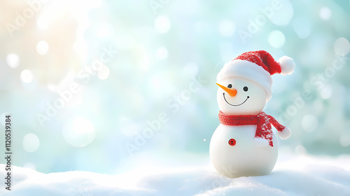 Closeup of a Cute, Laughing Snowman with Wool Hat and Scarf on a Snowy Landscape, Illuminated by Sunlight and Bokeh Lights