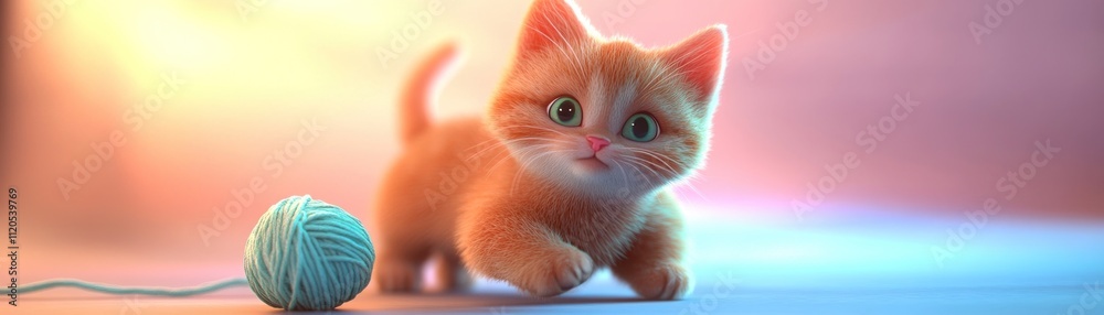 Adorable Orange Kitten Playing with Yarn Ball Adorable Orange Kitten Playing with Yarn Ball