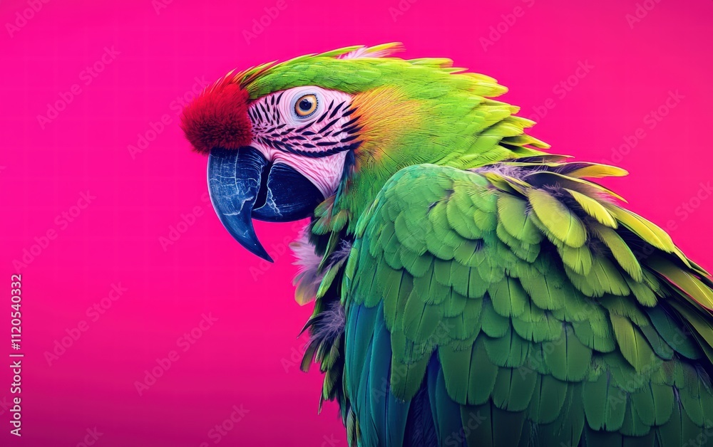 Obraz premium A vibrant green parrot with colorful feathers on a rich magenta studio background