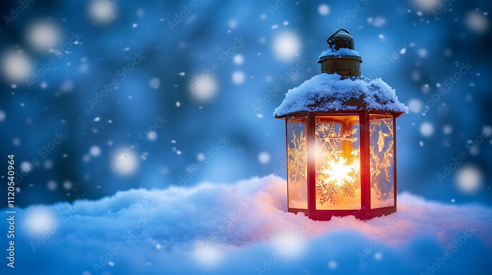 A Christmas lantern surrounded by snow and snowflakes, adding to the festive atmosphere.