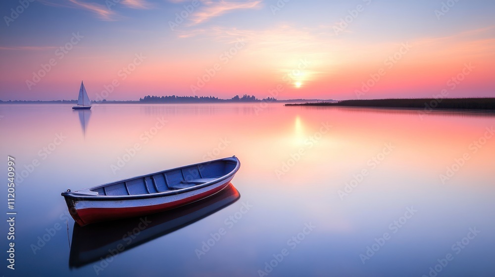 Serene Sunrise Lake Scene With Rowboat And Sailboat Serene Sunrise Lake Scene With Rowboat And Sailboat