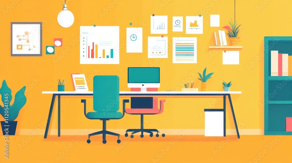 Modern office interior with desk, chairs, computer, and wall charts. Modern office interior with desk, chairs, computer, and wall charts.