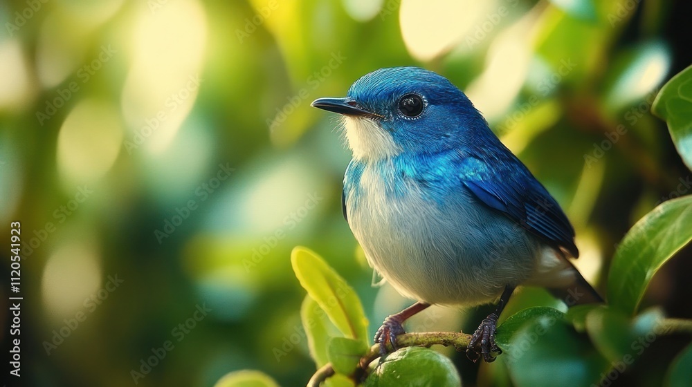 Vibrant blue bird perched on green leaves. Vibrant blue bird perched on green leaves.