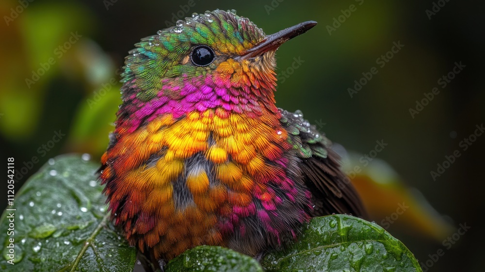 Fototapeta premium Vibrant hummingbird resting on wet leaves.