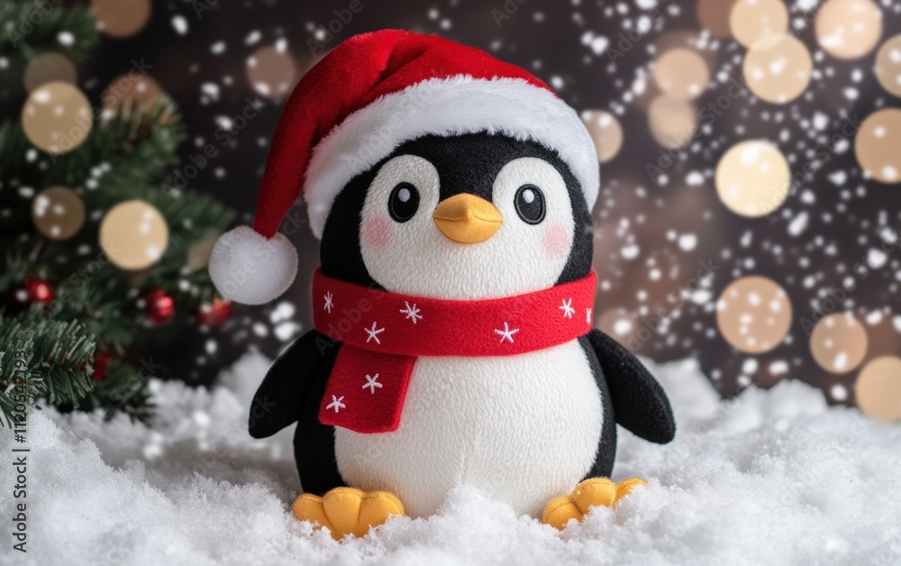 Obraz premium Cute penguin plush wearing a Santa hat and scarf with a snowy background