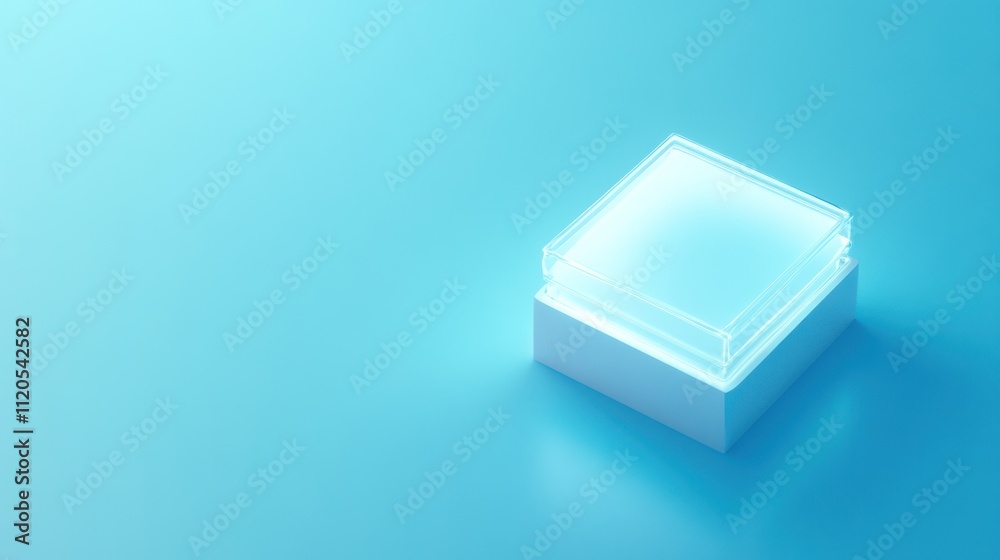 Illuminated Glass Cube on White Base Against Blue Background Illuminated Glass Cube on White Base Against Blue Background