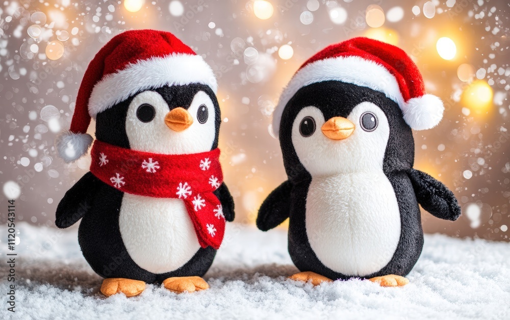Fototapeta premium Cute penguin plush wearing a Santa hat and scarf with a snowy background