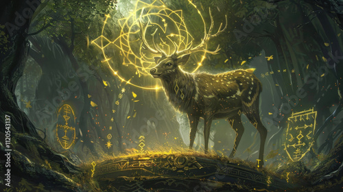 A deer depicted as a divine creature in mythology, with glowing golden antlers and surrounded by ancient runes in a dark forest photo