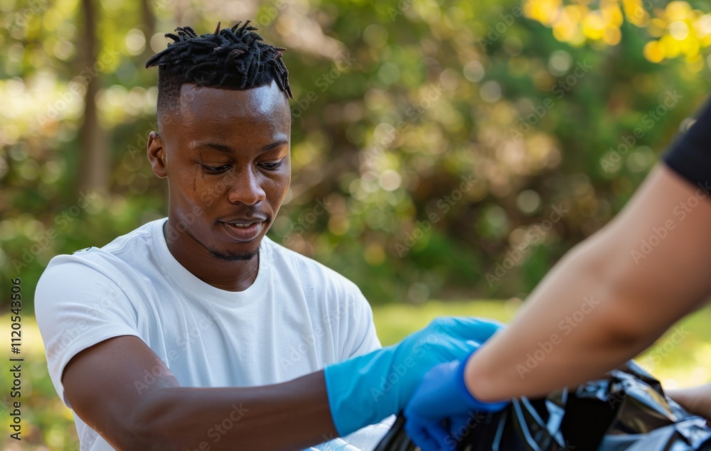 Wearing a white shirt and gloves, a man concentrates on removing trash from a lush riverside, underscoring the importance of environmental responsibility and focus. Wearing a white shirt and gloves, a man concentrates on removing trash from a lush riverside, underscoring the importance of environmental responsibility and focus.