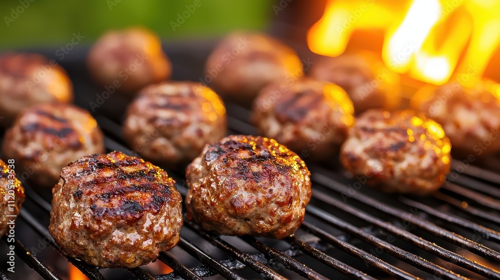 Juicy Grilled Meatballs on a Hot BBQ Grill Juicy Grilled Meatballs on a Hot BBQ Grill