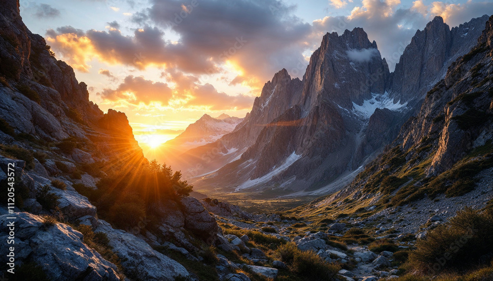 Obraz premium Rugged mountain peaks at sunset with dramatic lighting and a lush, rocky landscape.