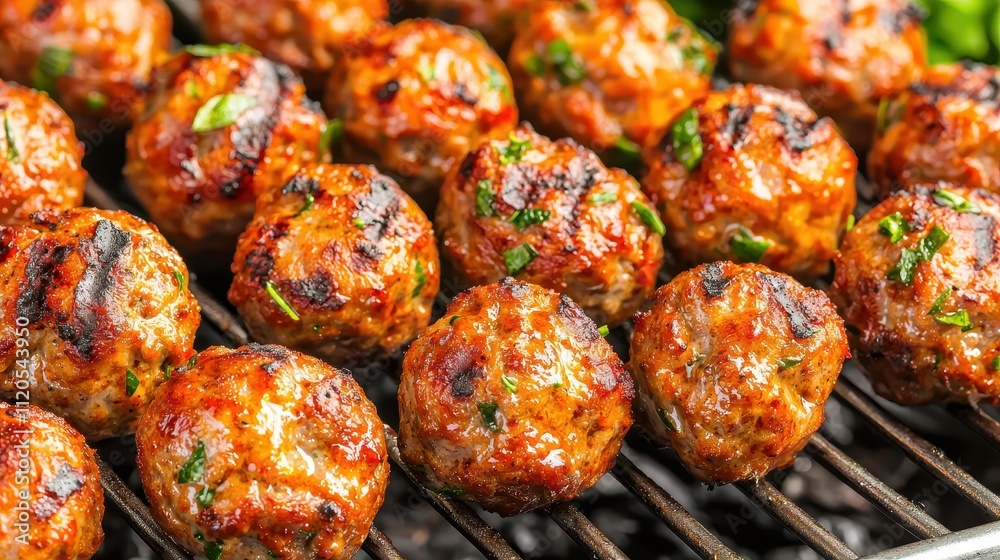 Delicious Grilled Meatballs on BBQ Grill Closeup Delicious Grilled Meatballs on BBQ Grill Closeup