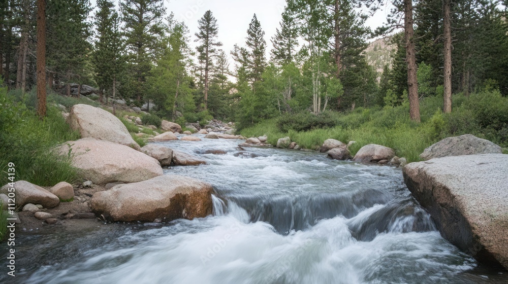 Mountain Stream Flows Through Rocky Terrain Amidst Lush Green Trees Mountain Stream Flows Through Rocky Terrain Amidst Lush Green Trees