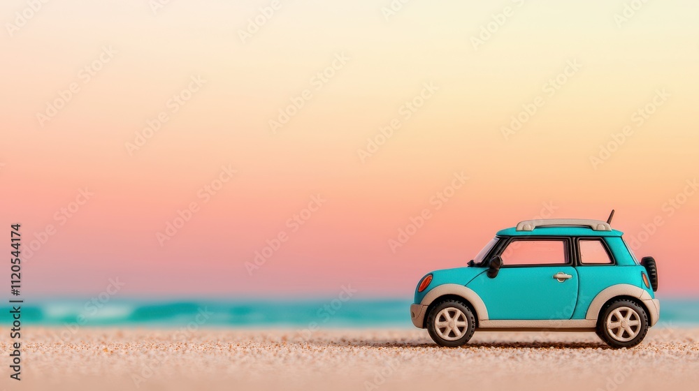 Coastal Sunset Escape Miniature Car on Sandy Beach Coastal Sunset Escape Miniature Car on Sandy Beach