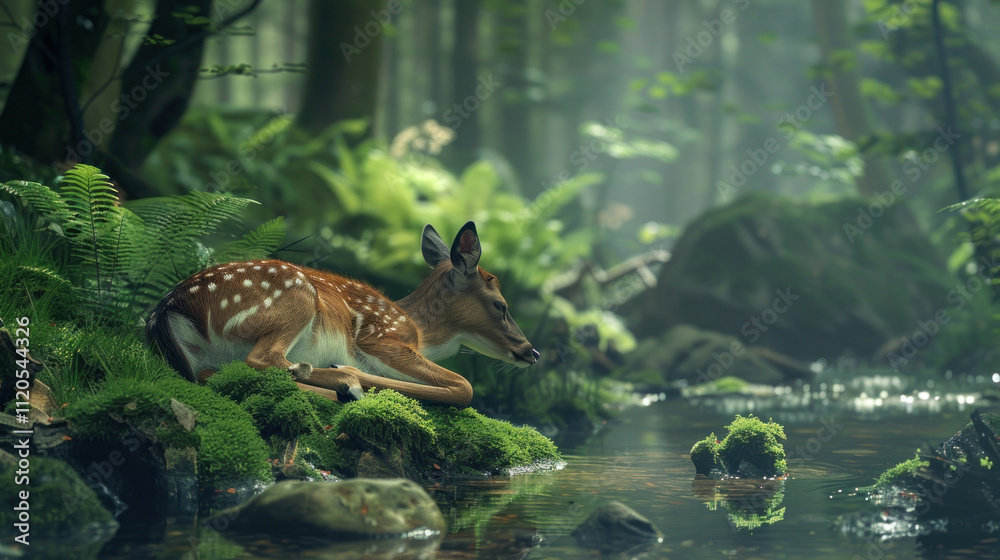 Fototapeta premium A deer resting near a tranquil forest stream, surrounded by ferns and moss-covered rocks, exuding a sense of serenity
