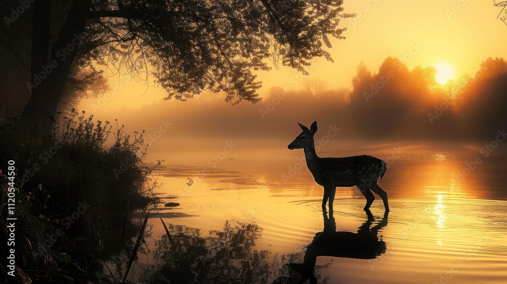 A deer silhouette standing gracefully by a river at dawn, with its reflection shimmering in the water