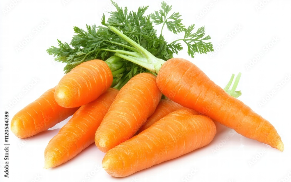 Whole carrots with green tops arranged neatly on white background Whole carrots with green tops arranged neatly on white background