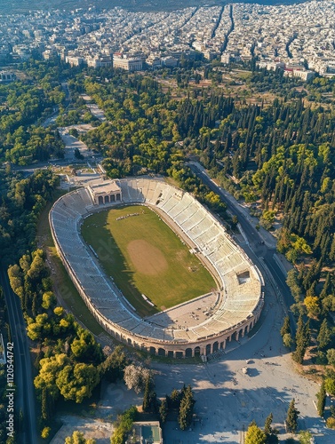 Aerial drone photo of iconic ancient Panathenaic stadium or Kalimarmaro birthplace of the original Olympic games, Athens historic centre, Attica, Greece photo