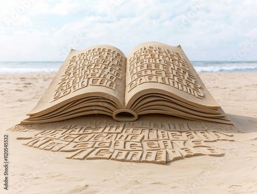 Sand sculpture outdoor creative, An artistic creation of a giant open book made from sand on the beach.