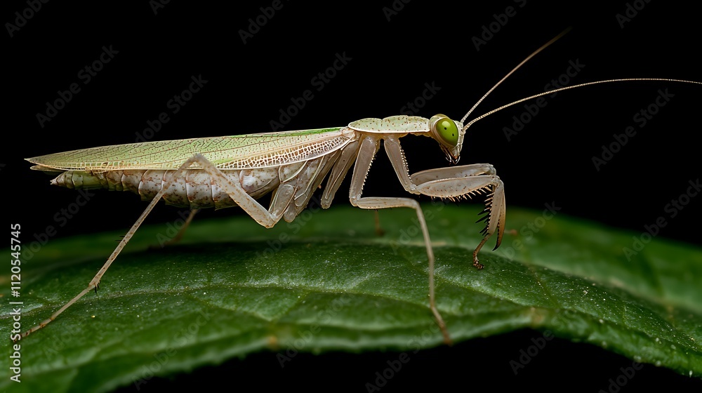 A close-up of a green mantis perched on a leaf, showcasing its intricate features. A close-up of a green mantis perched on a leaf, showcasing its intricate features.